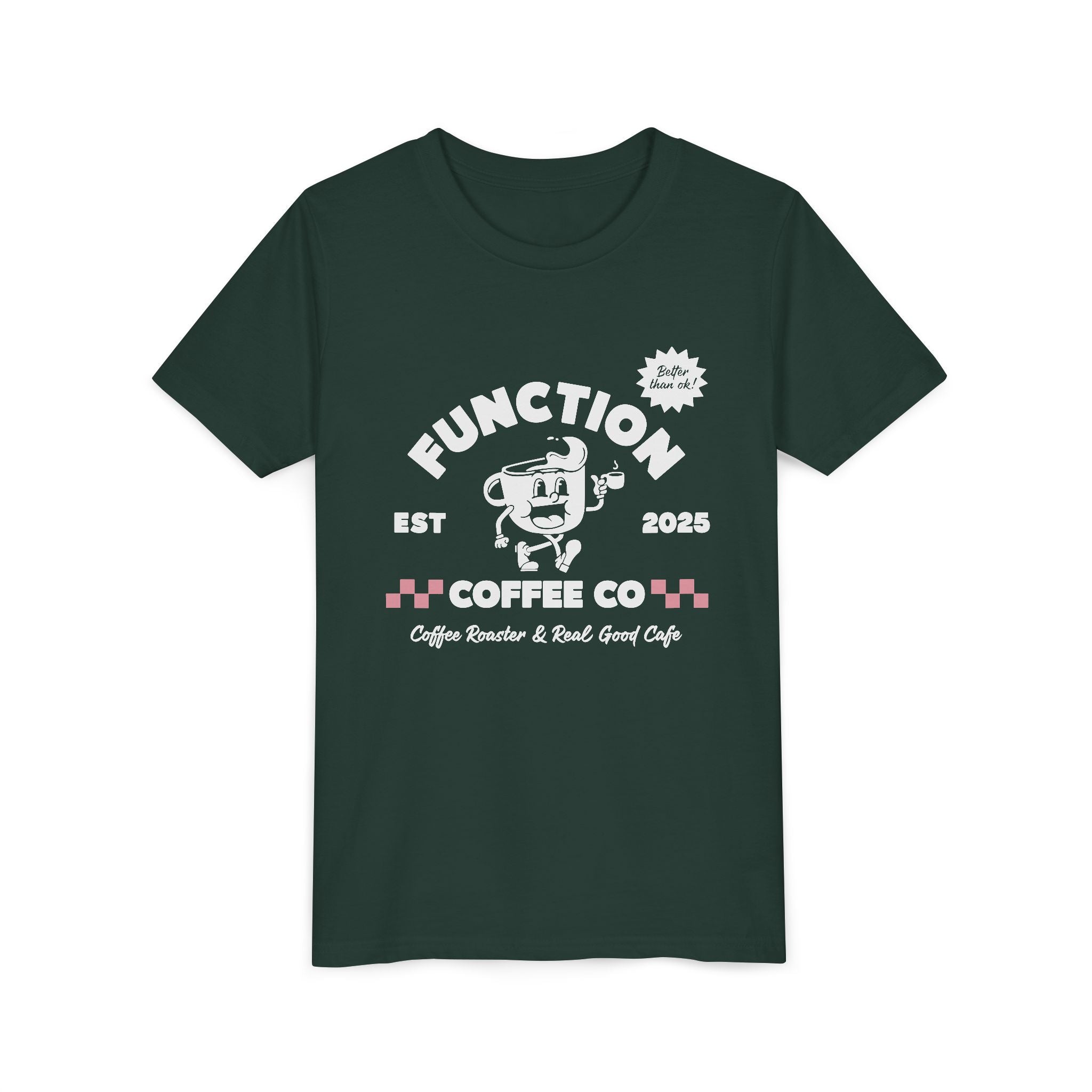 Dark green t-shirt with white graphic and text on a white background