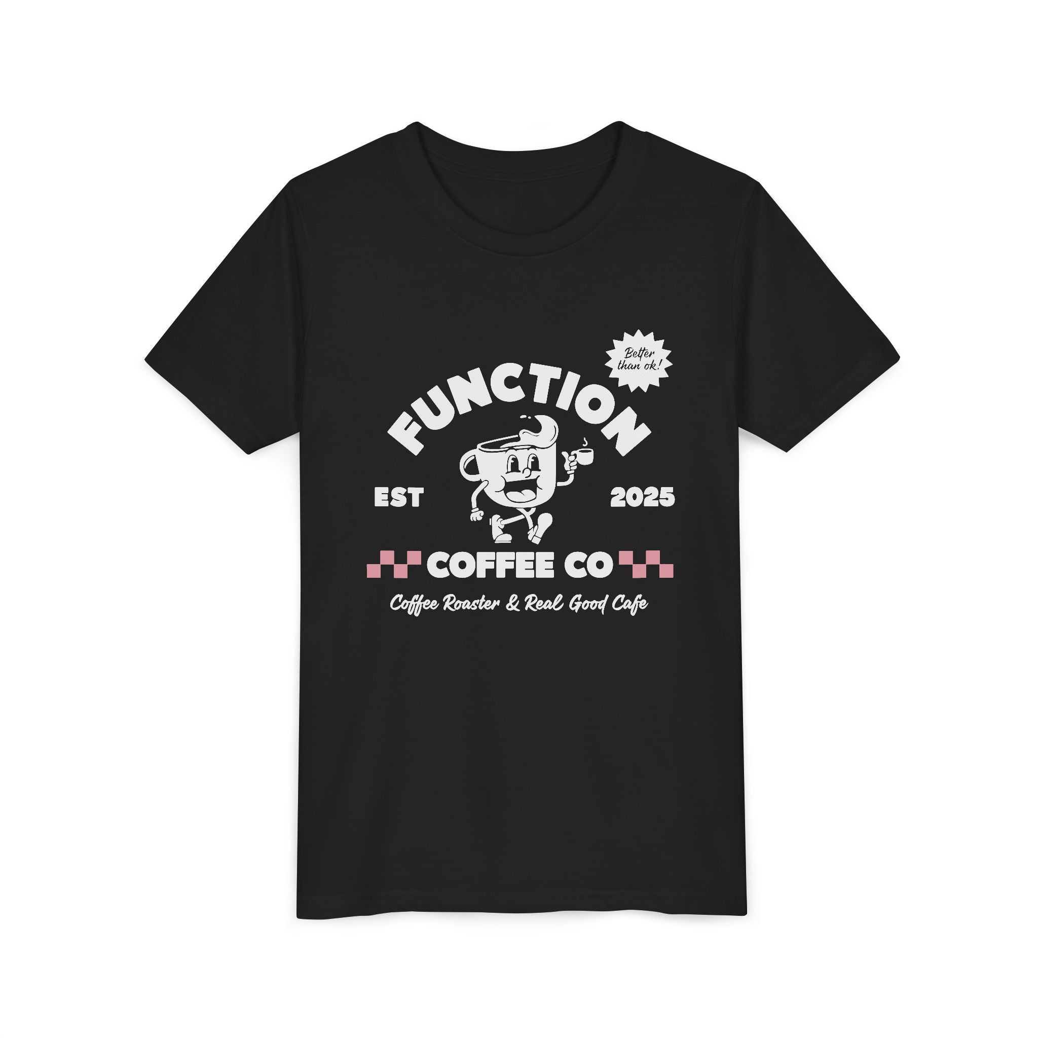 Black t-shirt with white graphic design on a white background