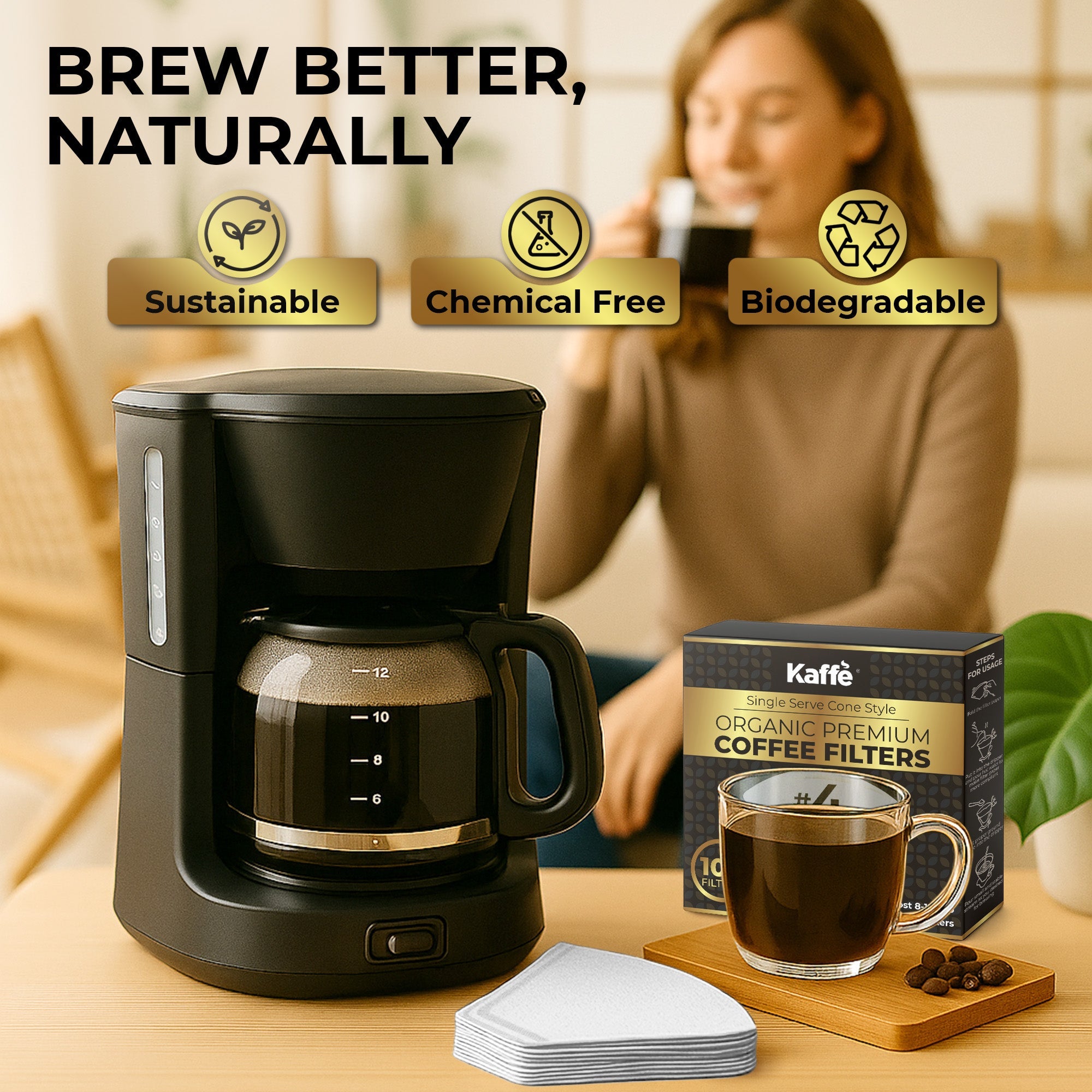 Coffee maker with Kaffe coffee filters and a person drinking coffee in the background