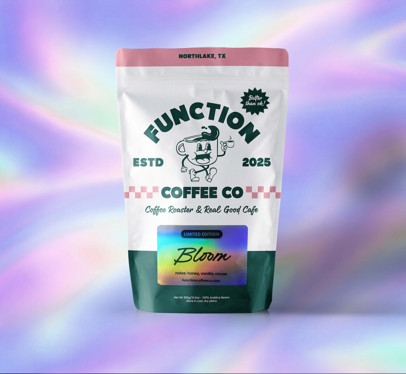 Function Coffee Co. packaging on a colorful gradient background