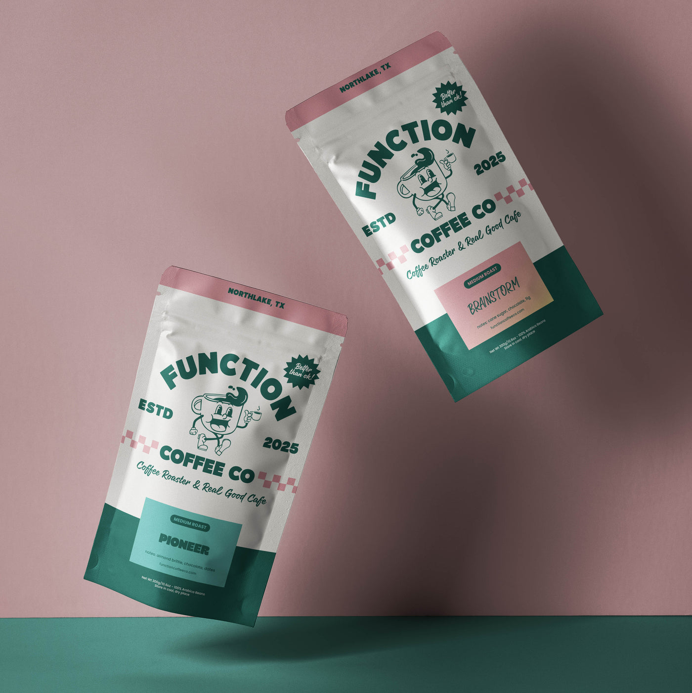 Two Function Coffee Co. coffee packages on a gradient background