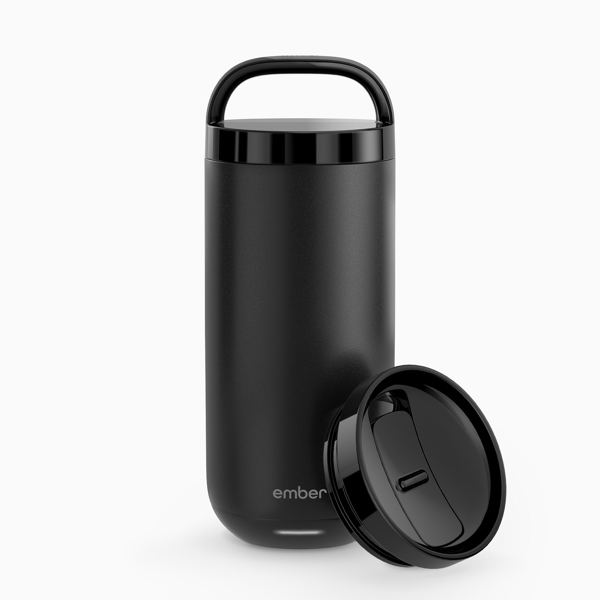 Black insulated coffee cup with handle on a white background