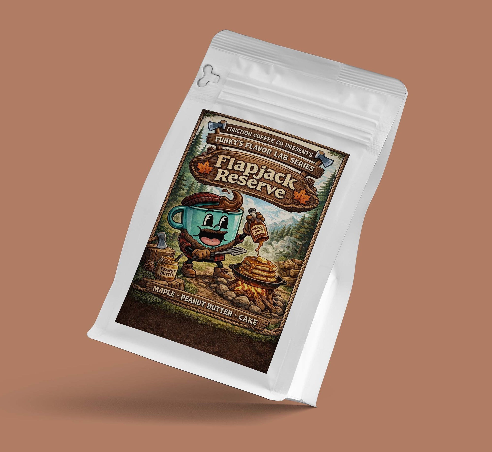 Flapjack Reserve coffee package on a brown background