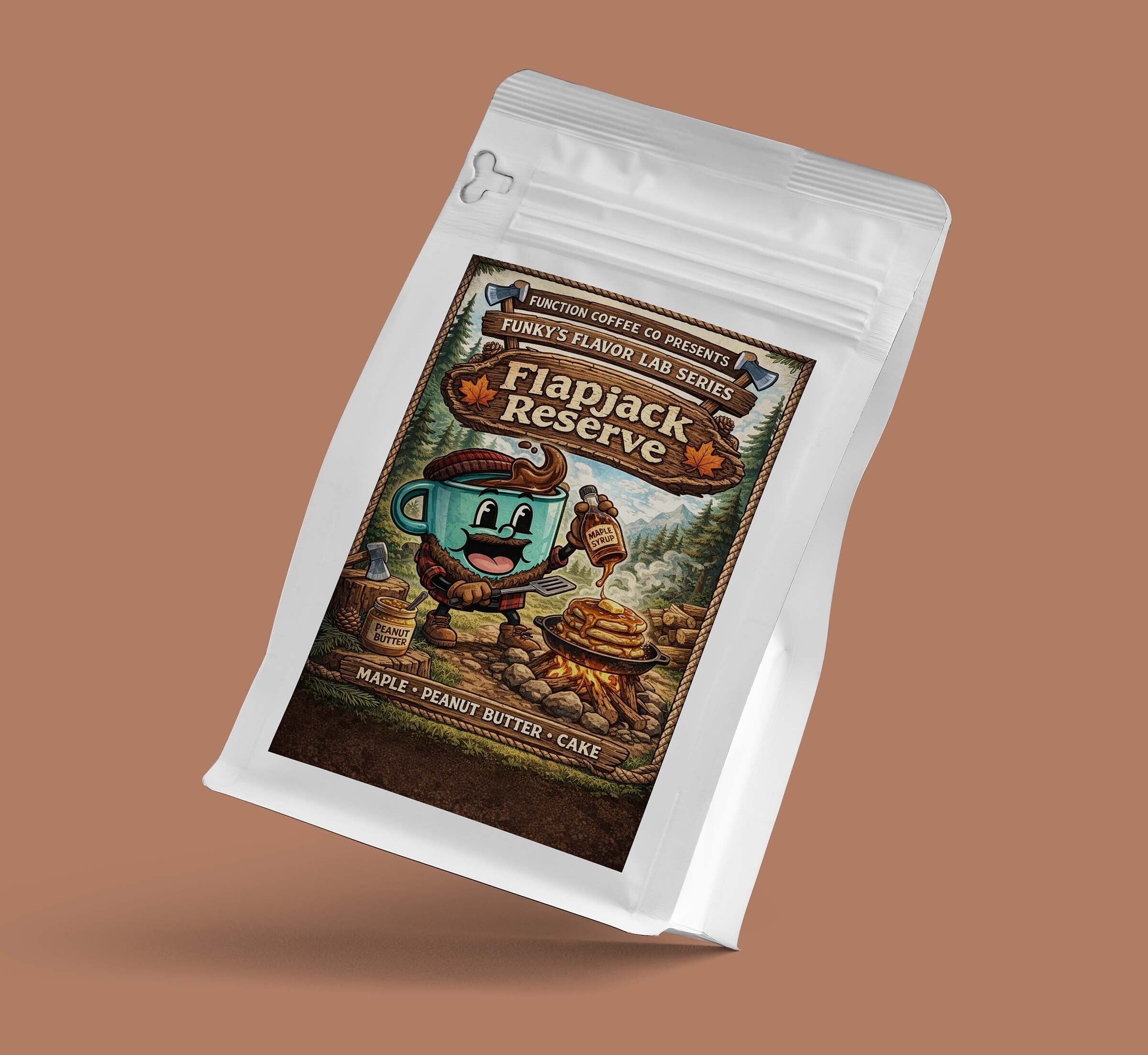 Flapjack Reserve coffee package on a brown background
