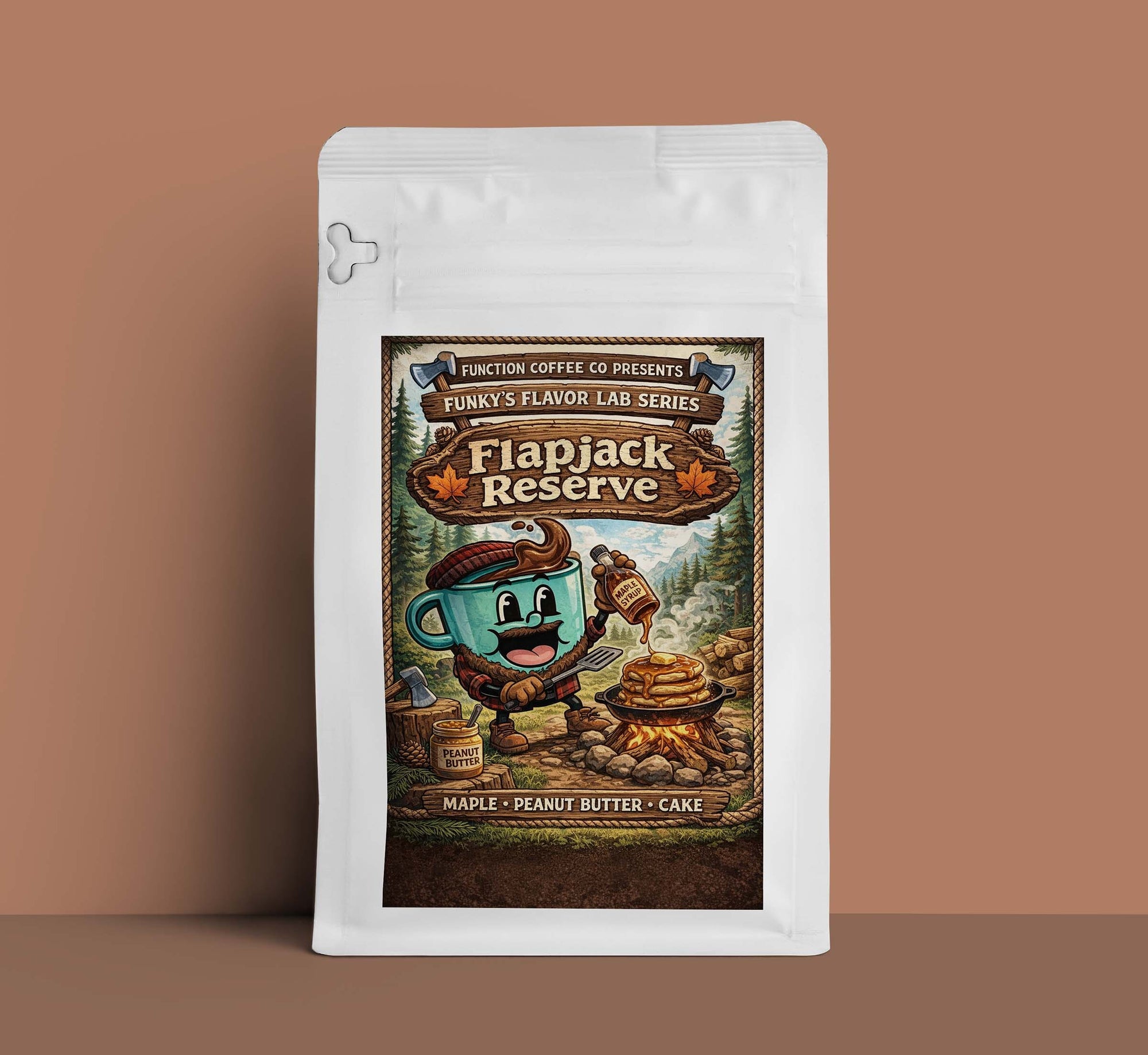 Flapjack Reserve coffee package with a cartoon coffee cup character on a brown background