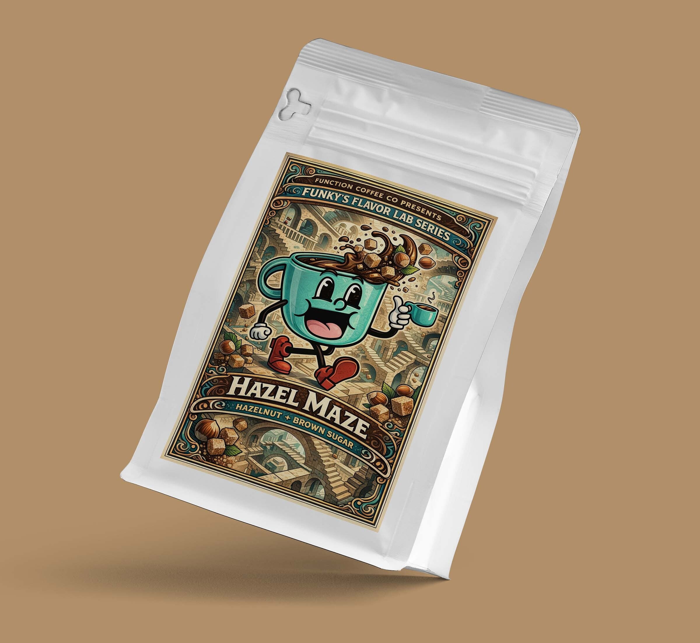 Coffee package with a cartoon character and 'Hazel Maze' text on a brown background