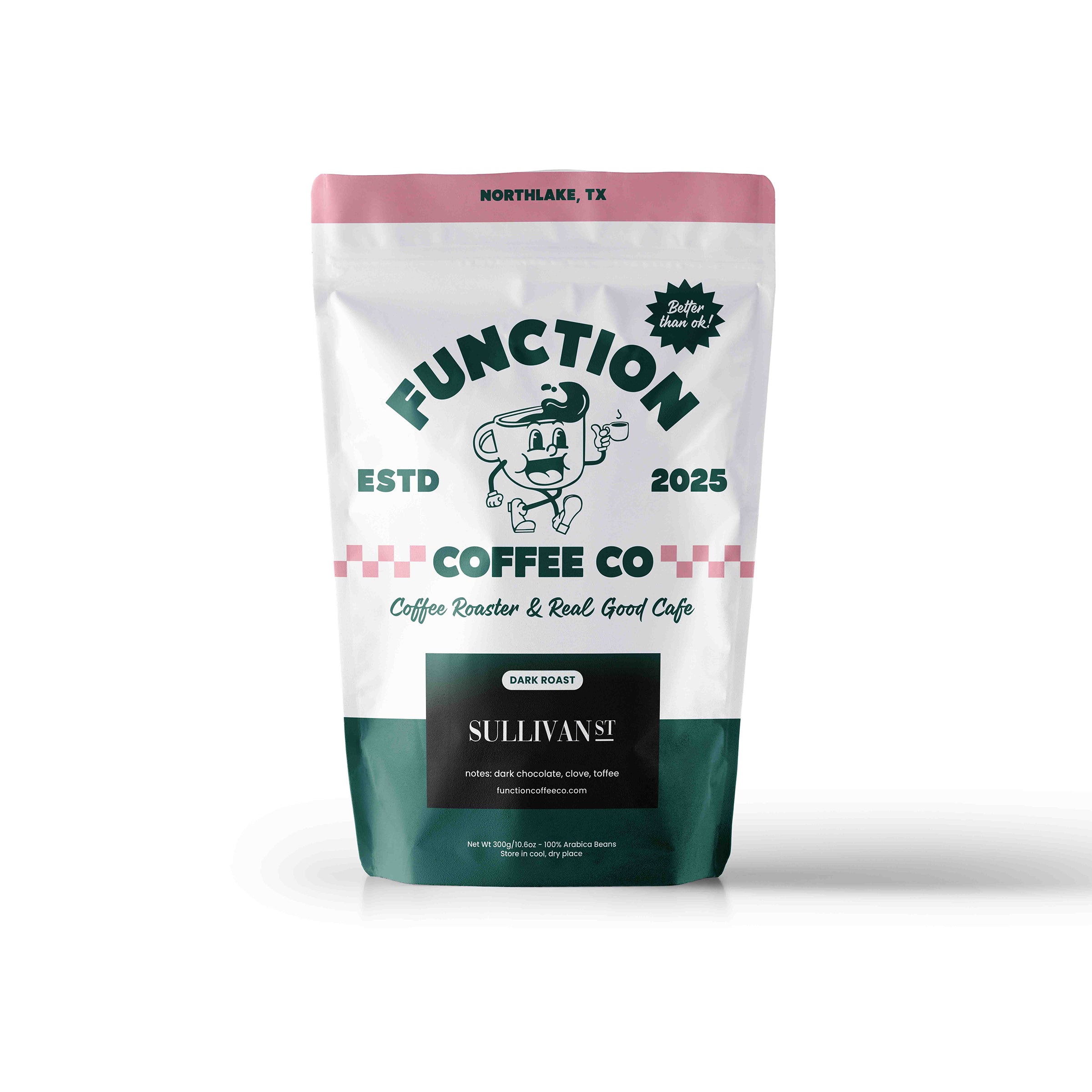 Function Coffee Co. packaging with a cartoon character on a white background