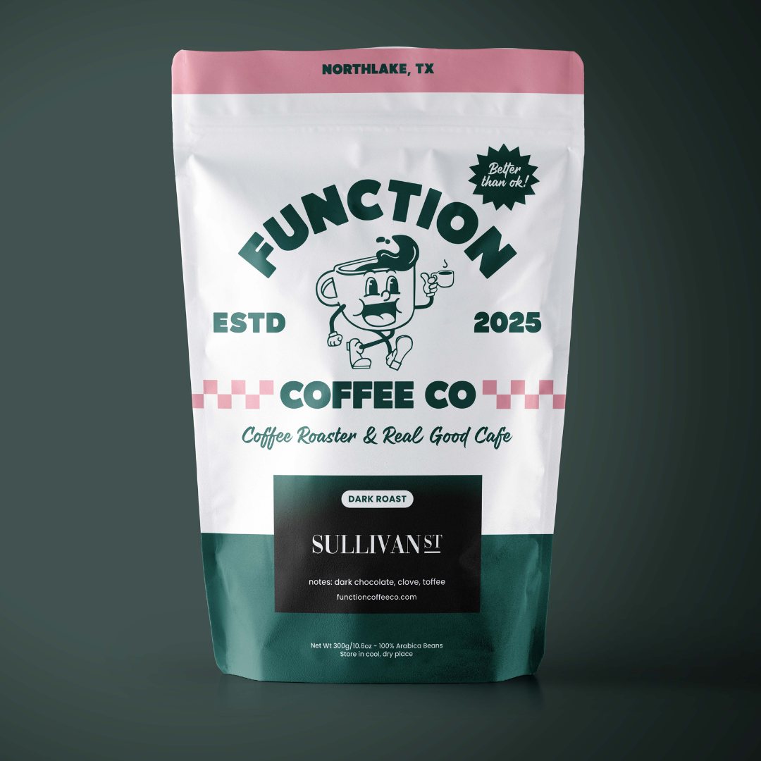 Coffee bag from Function Coffee Co with branding and product details on a dark background